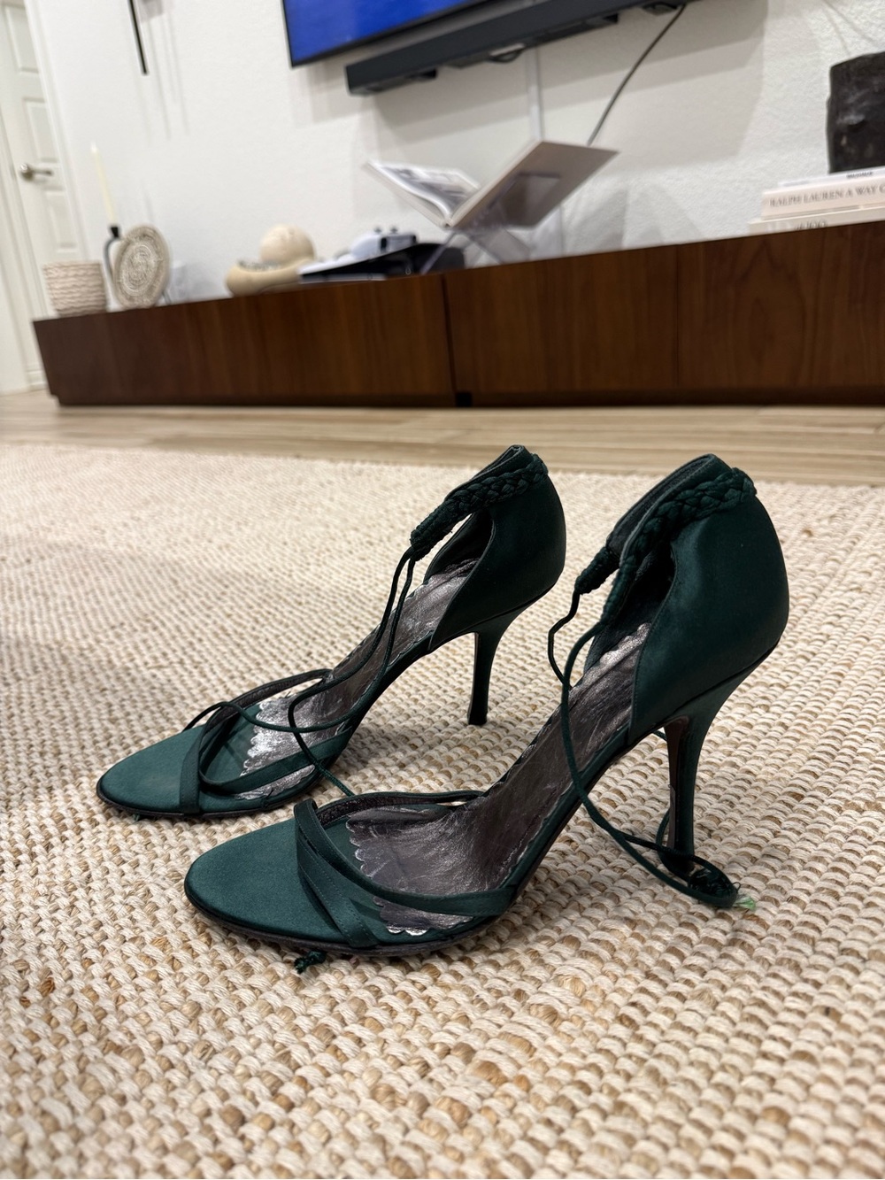 Vintage Y2K Emerald Green Satin Lace-Up Stiletto Heels / Made in Italy